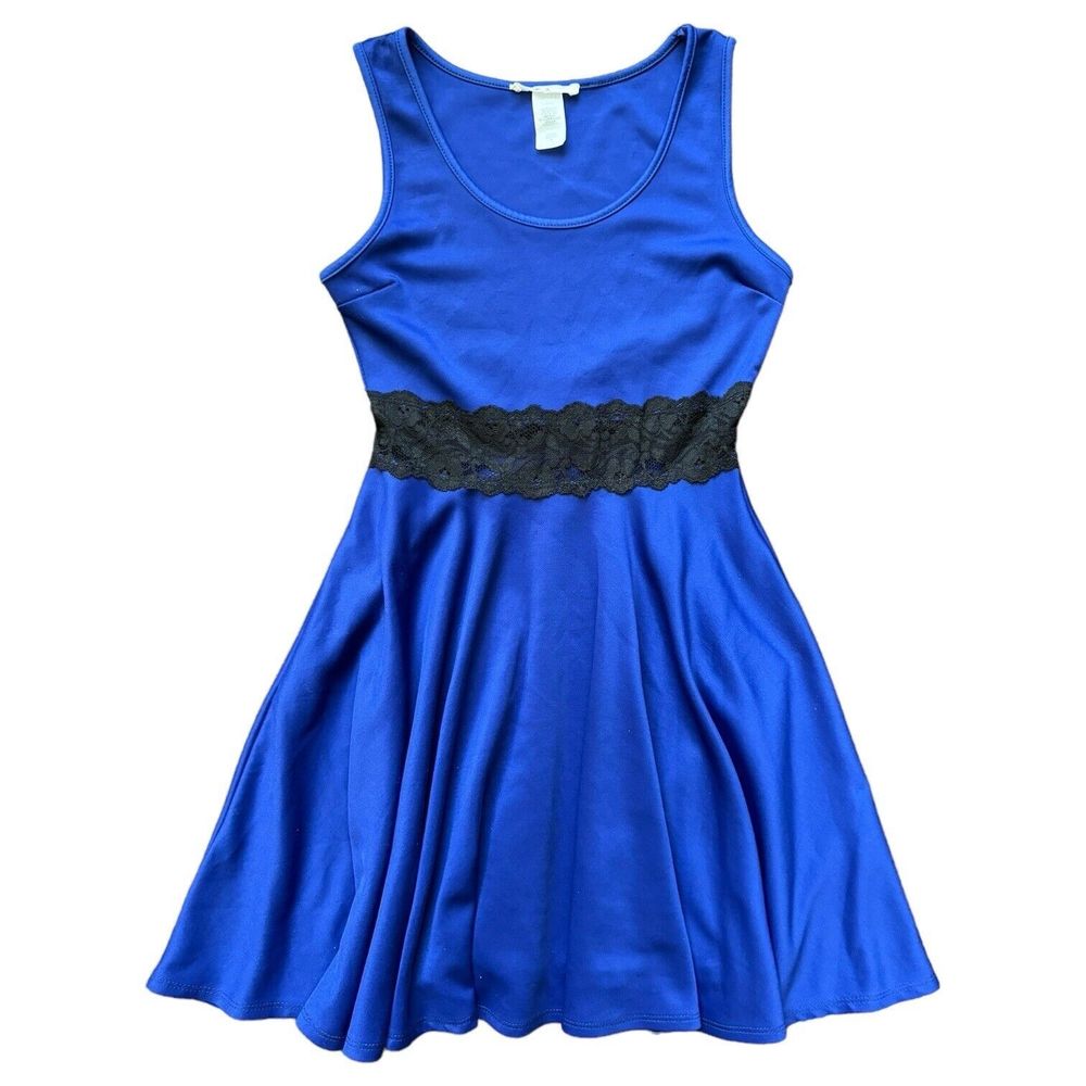Wild Daisy Small Fit & Flare Dress Blue Stretchy w Black Lace Insert Sleeveless